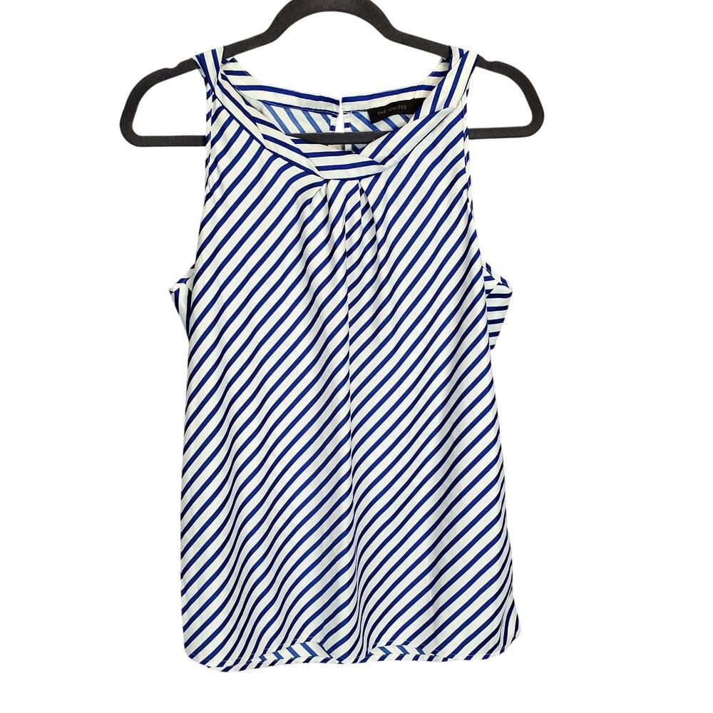 The Limited Sleeveless Top Womens L Blue White Stripe Blouse Silky Pleated Tank